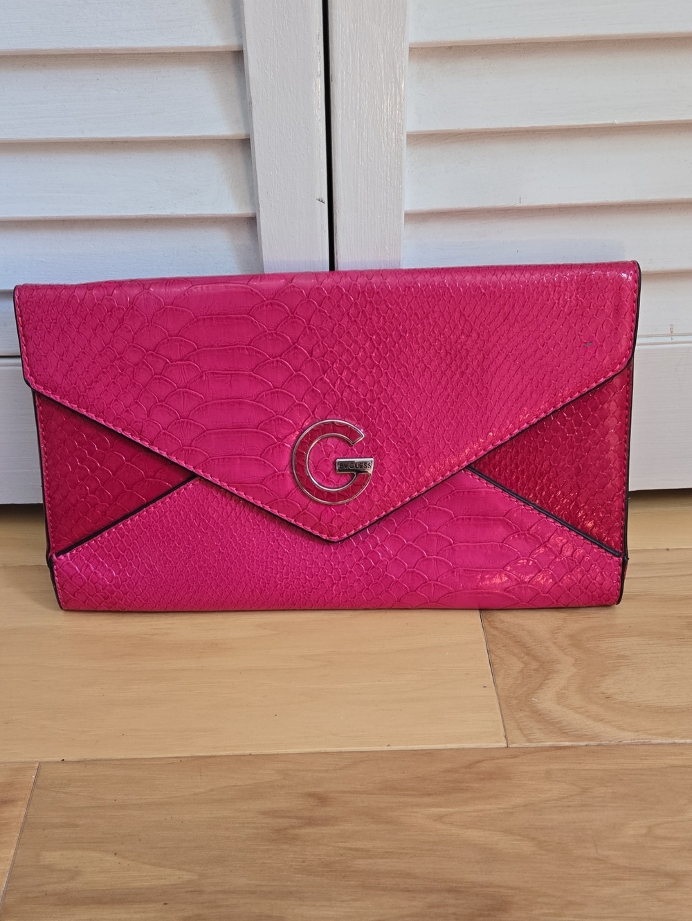 Guess Hot Pink Envelope Clutch with Metal G Accent